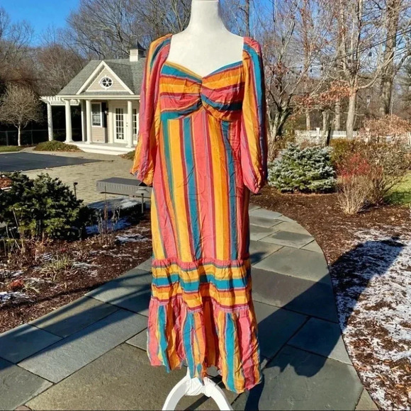NWT Anthropologie Farm Rio Rainbow Stripe Maxi Midi Summer Dress Medium - Picture 4 of 16